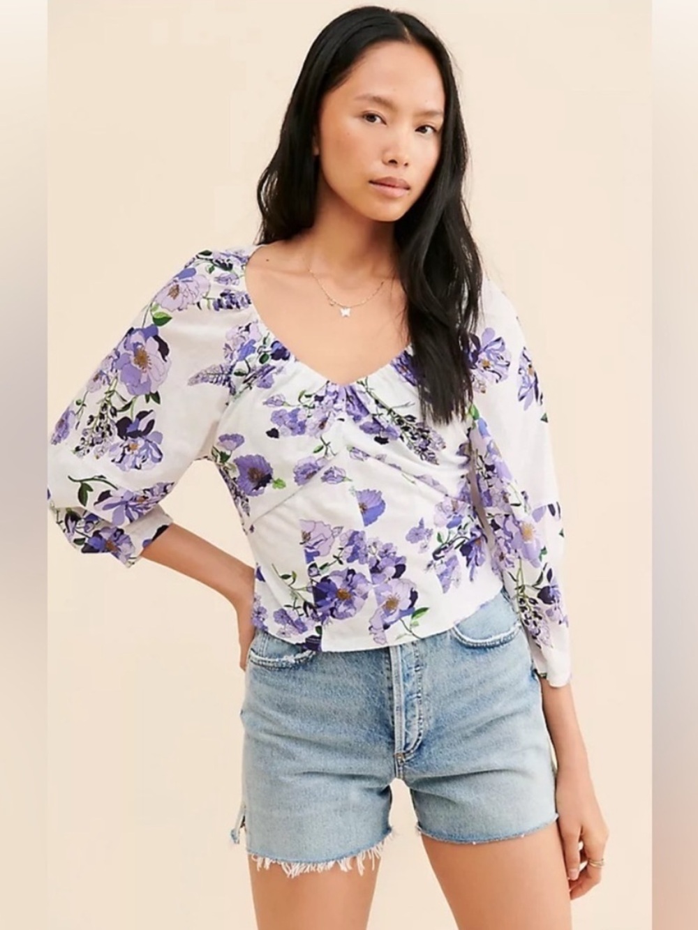 Anthropologie Floral Puff Sleeve Blouse Purple Print Cotton S